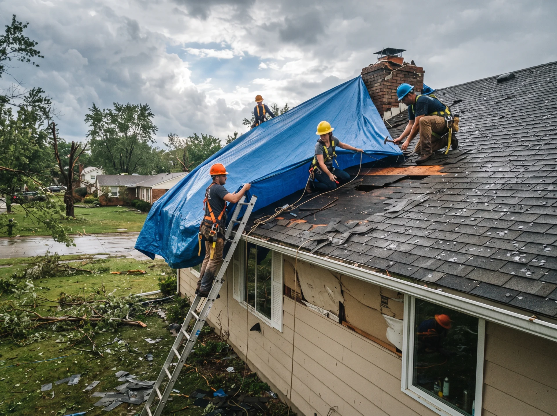 Roofing workers securing tarp storm