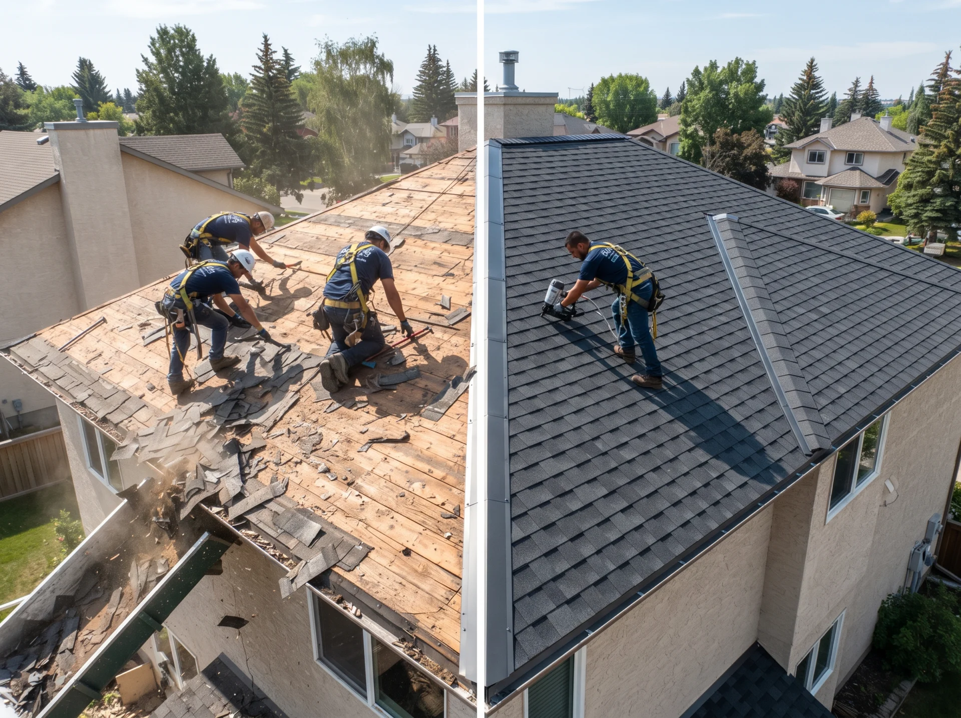 Workers replacing roof shingles 2K
